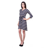 Blue cotton blend knee-length V-neck 3/4 sleeve dress for women
